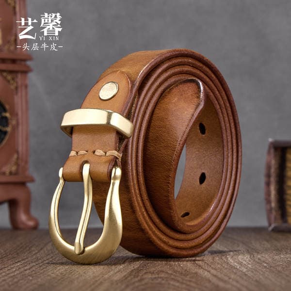 Vintage Women's Simple High-End Genuine Leather Handmade Belt, Top Grain Cowhide Versatile Waist Belt, Ins Style Pin Buckle