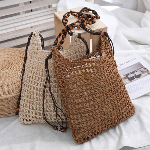 Women's Waxed Rope Hollow Woven Beach Tote Bag - Large Capacity Summer Shoulder & Underarm Bag
