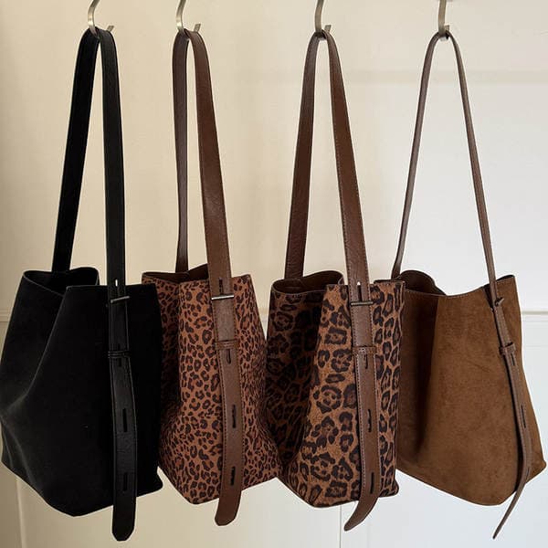 Korean Niche INS Suede Retro Leopard Print Bucket Bag Versatile Shoulder Crossbody Tote Bag with Matching Pouch for Women