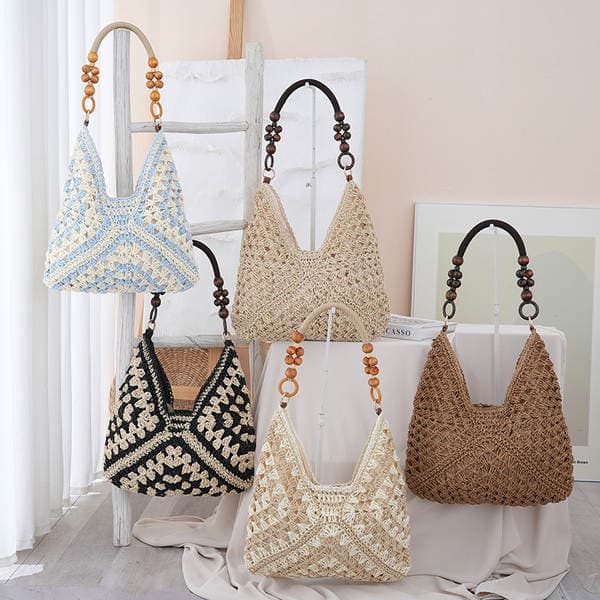 Ins Style Woven Straw Bag For Women, Large Capacity Bohemian Beach Vacation Shoulder Bag, Lightweight