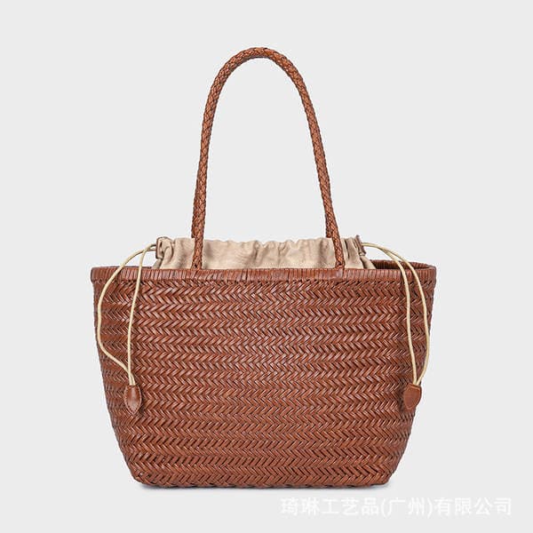 Dragon Same Style Woven French Leather Basket Bag Hot Sale Women's Large Capacity Retro Leather Handbag