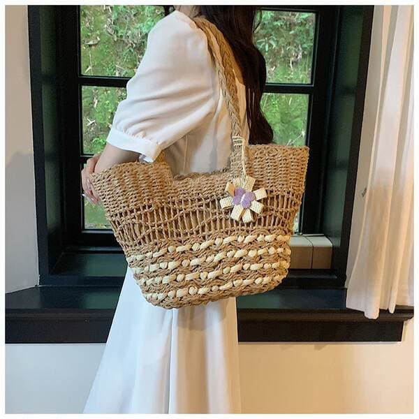 Hollow Out Zipper Straw Woven Bag For Women, Beach Vacation Lazy Style Handmade Large Capacity Shoulder Beach Tote Bag