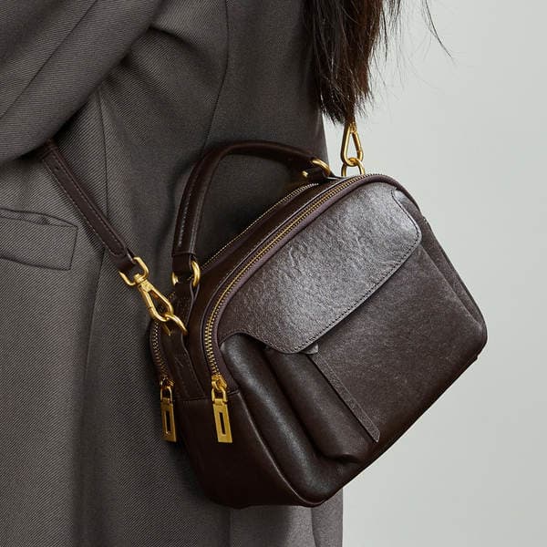 Genuine Leather Fashion Boston Bag For Women Retro Top Grain Crystal Vegetable-Tanned Cowhide Handbag Crossbody Shoulder Bag