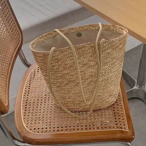 Korean Style Beach Vacation Straw Bucket Bag - Pastoral Large Capacity Hand-Woven Shoulder Bag