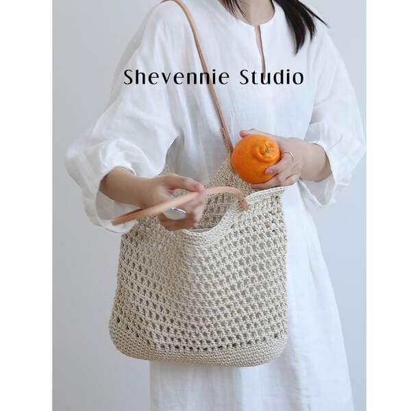 Xueyunni Genuine Leather Hand-Woven Wax Thread Hollow-Out Tote Bag For Women, Large Capacity Vacation Beach Bag
