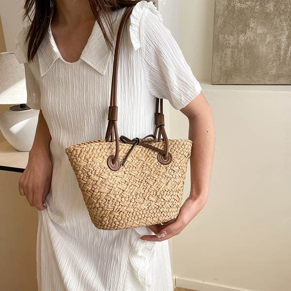 Stylish Solid Color Woven Bag, Large Capacity Vacation Straw Tote Bag, Market Basket Bag For Women (Available In Small And Large)
