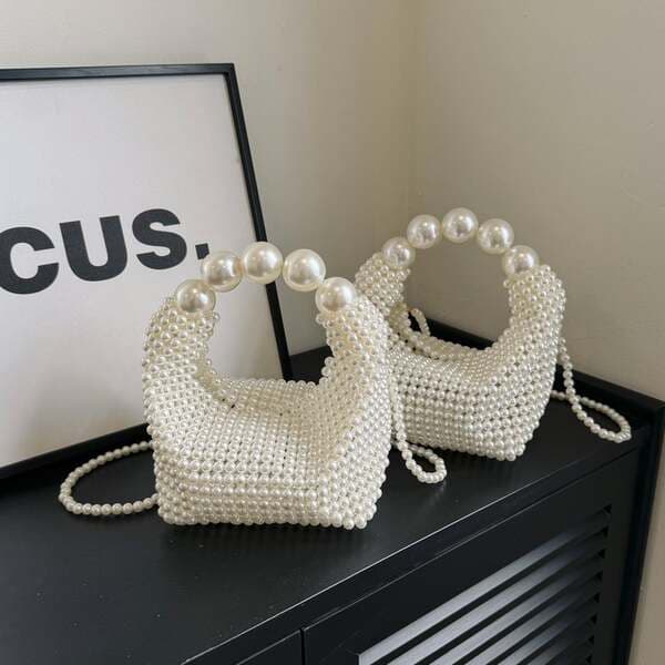 Vintage French Hollow-Out Fairy Pearl Bag, Elegant Hand-Woven Beaded Handbag, Boston Carry-On Vacation Bag