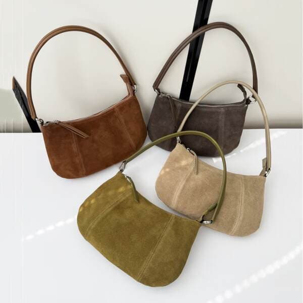 Frosted Cowhide Underarm Hobo Bag For Women, Fashionable Elegant Crescent Handbag, Suede Crossbody Dumpling Bag