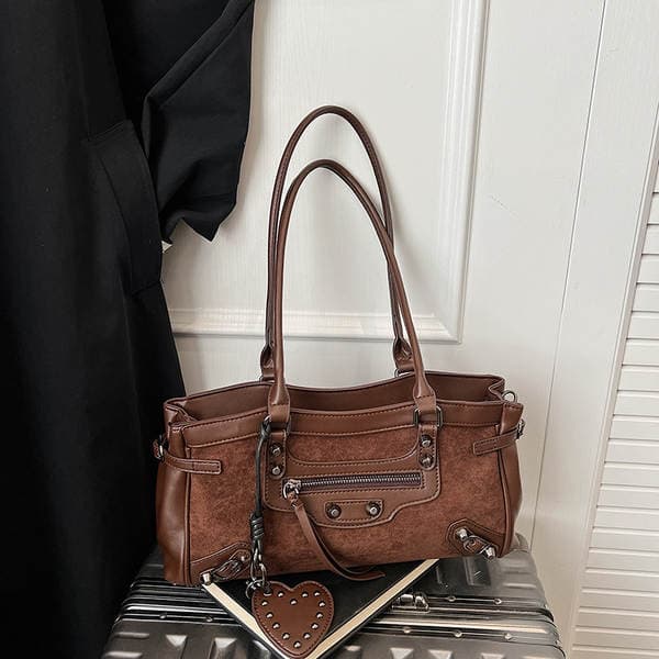 European & American Trendy Rivet Zipper Shoulder Bag - Moto Style Cool Girl Large Capacity Underarm Bag