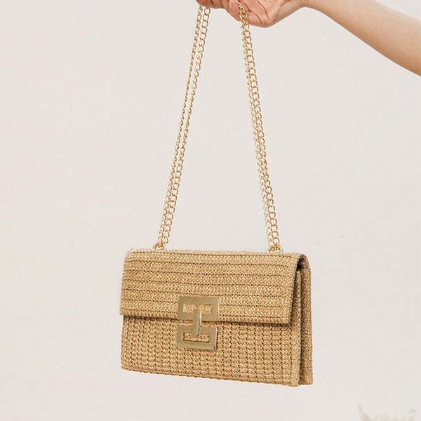 Women's 2025 New Vacation Style Multi-Compartment Chain Flap Twist-Lock Straw Woven Shoulder Bag
