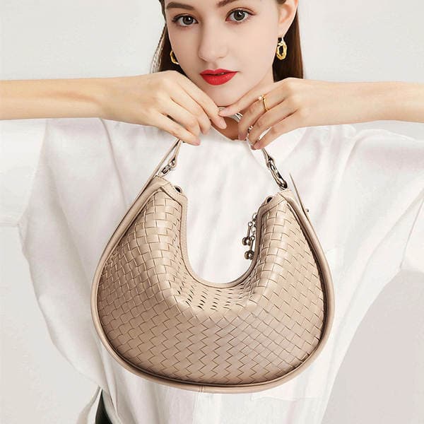 Women's New Genuine Leather Crescent Shoulder & Crossbody Bag, Large Capacity Commuter Hand-Woven Underarm Handbag