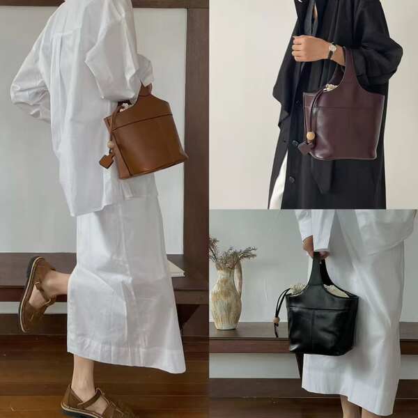 New Top Grain Cowhide Basket Bag Luxury Quiet Luxury Style Handbag Crossbody Bag Vintage Bucket Bag