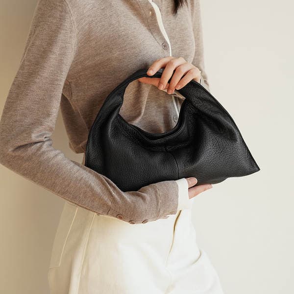 Korean Style Versatile Simple Genuine Leather Casual Commuter Cloud Underarm Bag Retro Large Capacity Textured Lambskin Dumpling Bag For Women