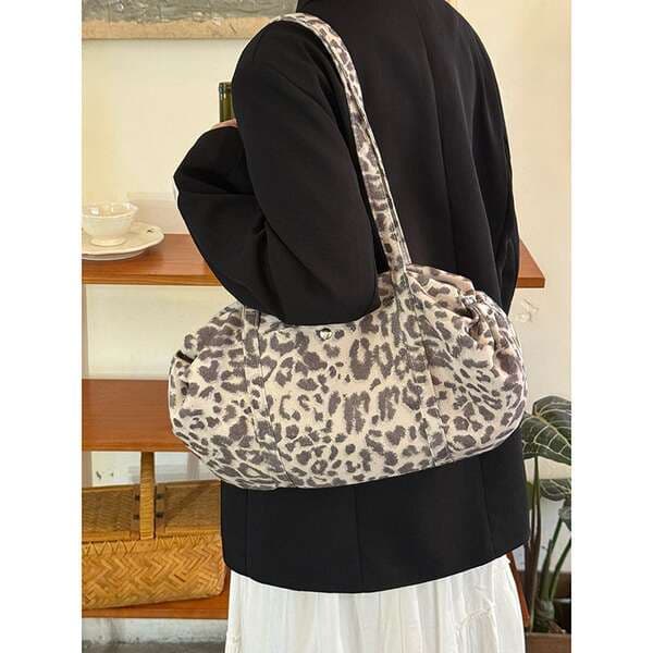 Women's Nylon Bowling Bag Large Capacity Handbag Korean Style Leopard Print Shoulder Bag For Commuting