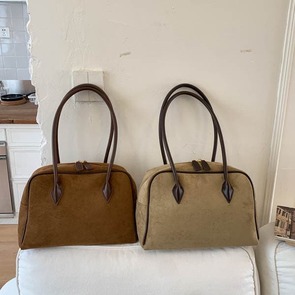 Autumn/Winter Retro Suede Boston Bowling Bag Large Capacity Handbag Shoulder Underarm Bag Baguette Bag For Women High-End Style
