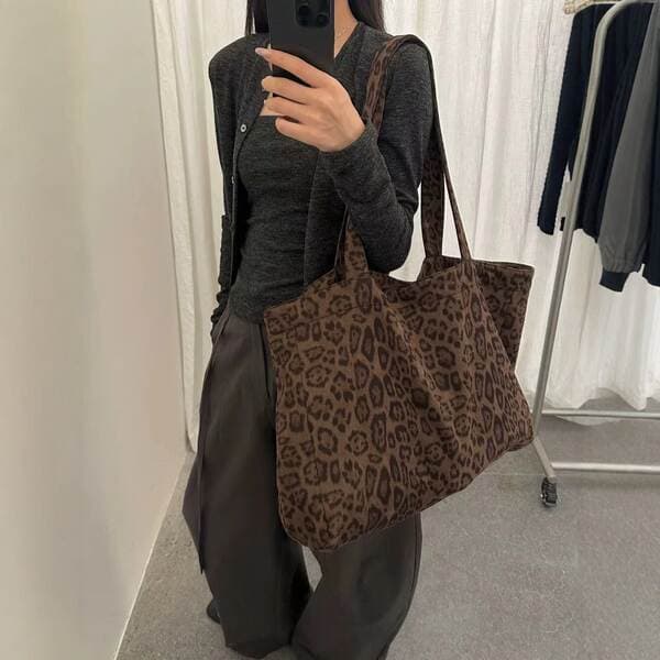 Korean Style High-Texture Suede Leopard Print Tote Bag - Autumn/Winter Thickened Large Capacity Women's Handbag