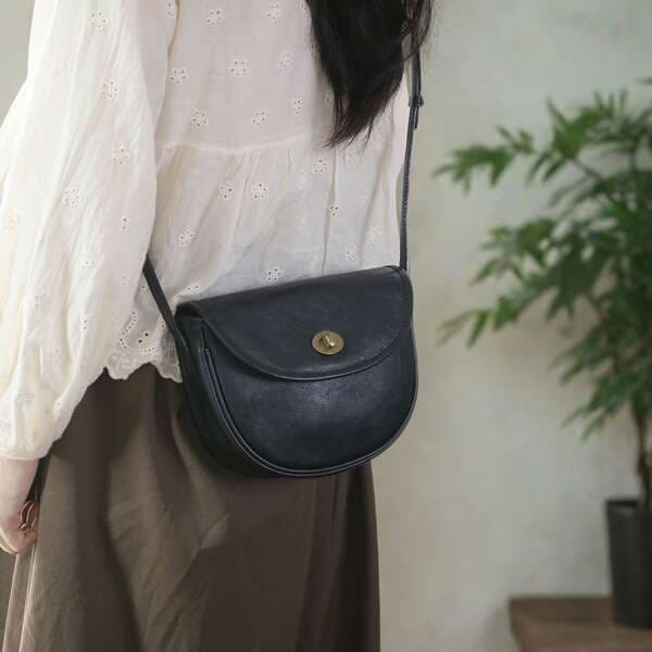 Handmade Retro Minimalist Top Grain Cowhide Mori Style Saddle Small Square Bag Original Women's Soft Leather Shoulder Phone Crossbody Bag