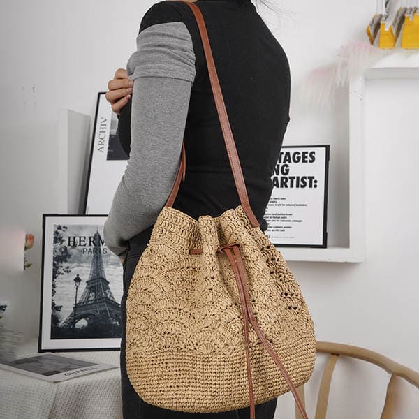 2026 New Arrival Women's Woven Shoulder Bag - Summer Beach Vacation Vintage Large Capacity Hollow Out Bucket Straw Bag