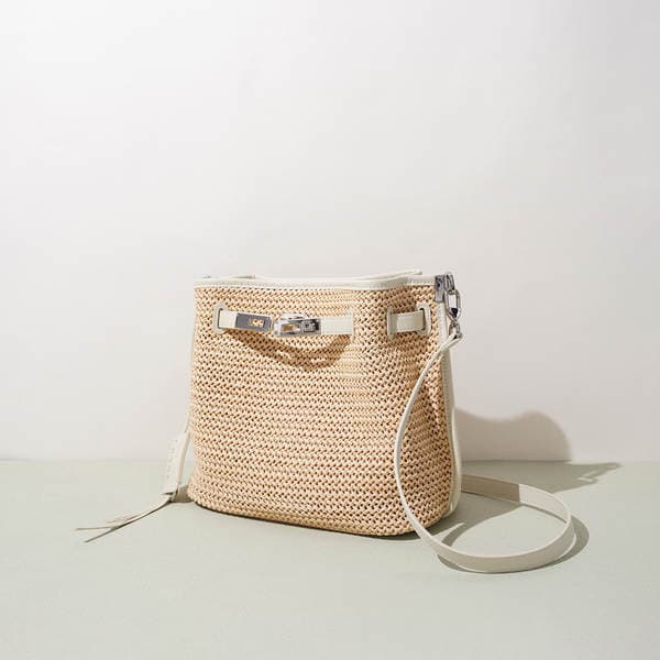 New Beach Vacation Straw Woven Bag Fashion Niche Shoulder Crossbody Bucket Bag Women's Ins Style Cowhide Handbag