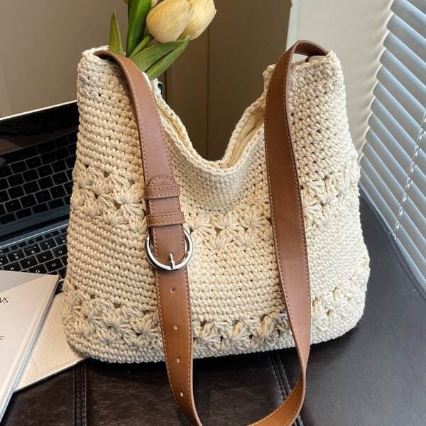 Vacation Style Woven Large Bag For Women 2026 New Korean Knit Simple Shoulder Bag High Capacity Casual Beach Bag
