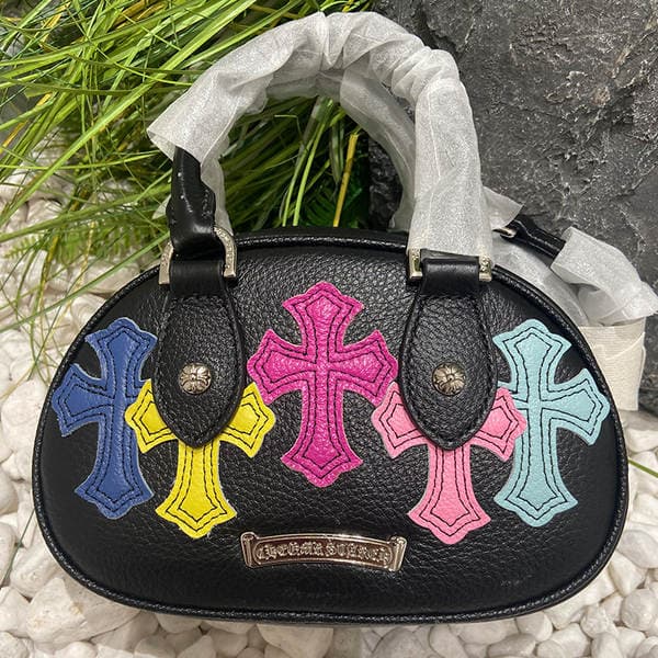Cross Design Women's Top Grain Cowhide Bowling Bag - Color-Block Sweet & Cool Spicy Girl Style Pillow Handbag, Versatile