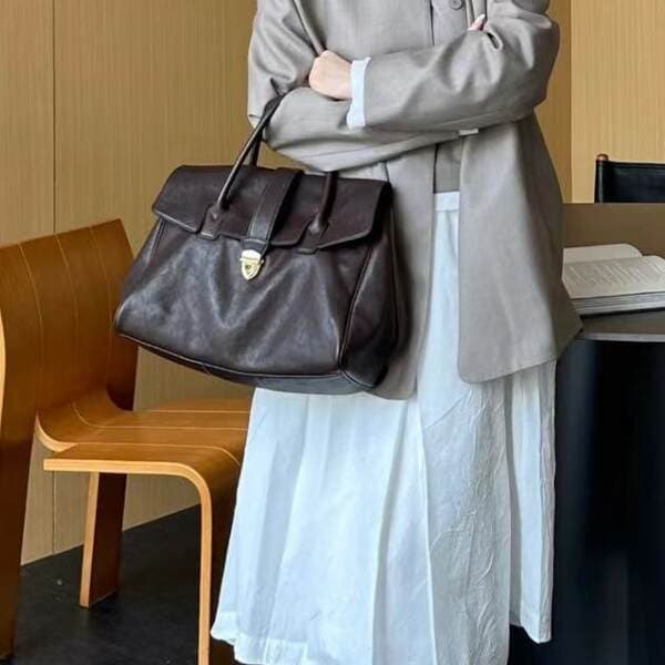 [Celebrity Style] Qiuzhen Women's Genuine Leather Vintage Large Capacity Commuter Vegetable-Tanned Cowhide Briefcase