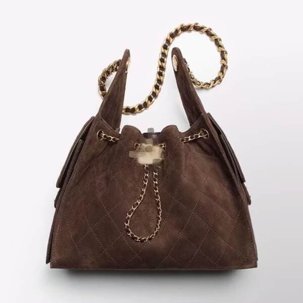 25bag New Suede Quilted Chain Bucket Bag For Women Drawstring Shoulder Crossbody Bag Fashion Retro Underarm Bag