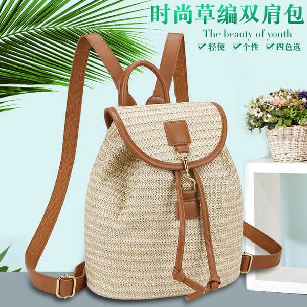New Simple Contrast Patchwork Flap Drawstring Bucket Straw Bag Vacation Travel Women's Woven Backpack