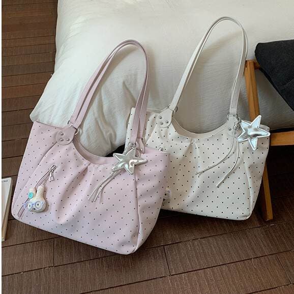 Cross-Border Retro Polka Dot Preppy Tote Bag For Women 2026 New Fashion Versatile Large Capacity Shoulder Bag