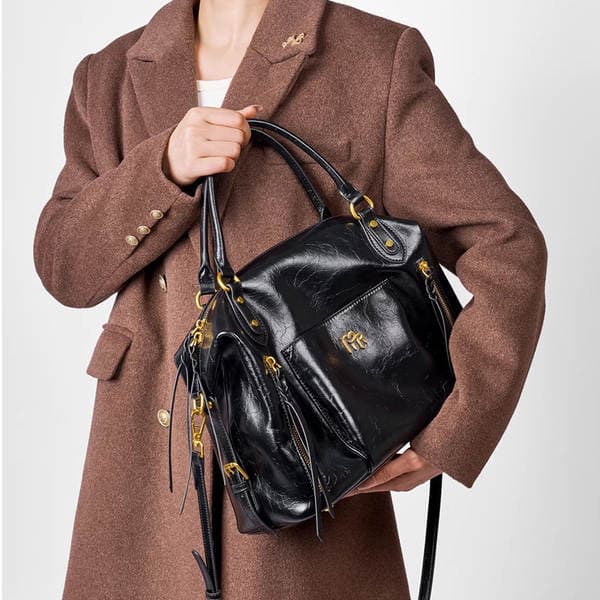 Genuine Leather Boston Bag Motorcycle Style Cowhide Bowling Bag Women's Large Capacity Tote Commuter Handbag Pillow Bag
