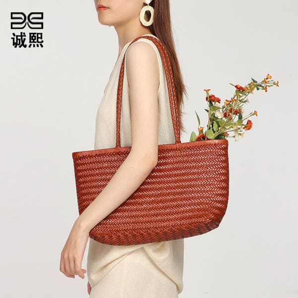 Luxury Beach Vacation Handbag Retro Genuine Leather Woven Bag Fashion Mother-Daughter Set Shoulder Underarm Tote Bag
