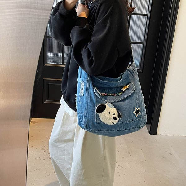 Cute Girls' Denim Crossbody Bag, Large Capacity Messenger Canvas Bag, Casual School Bag For Students, Niche Shoulder Bag
