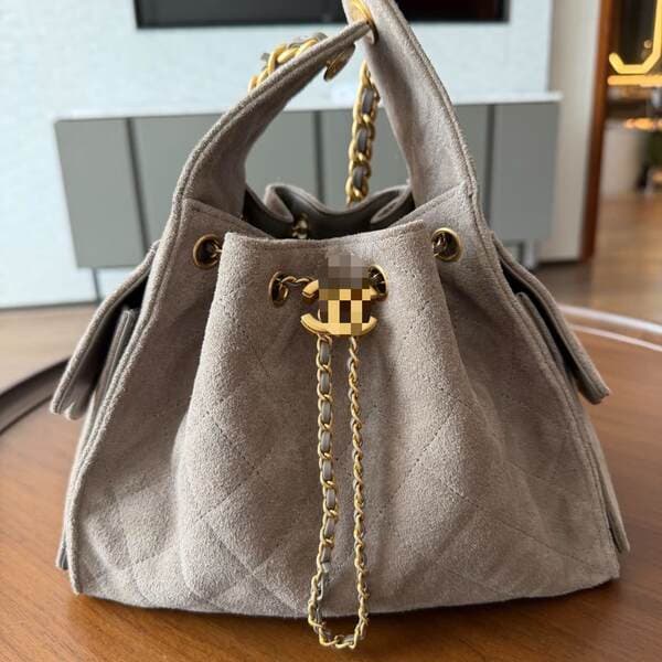 Cross-Border 25K Suede 25 Bag Quilted Chain Hippie Shoulder Bag Hobo Underarm Bag Genuine Leather Drawstring Bucket Bag For Women
