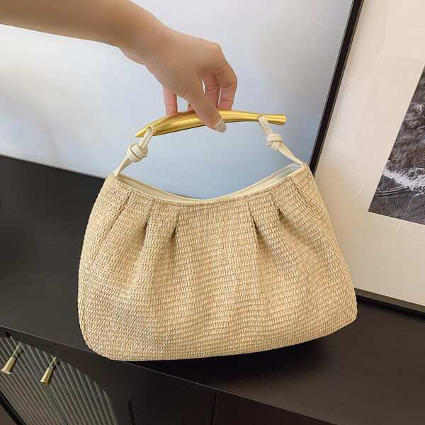 Pleated Cloud Shoulder Bag For Women, Baguette Crossbody Bag, Seaside Vacation Style Casual Underarm Dumpling Bag, Straw Woven