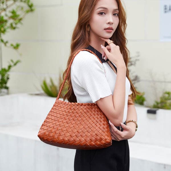 Top Grain Cowhide Woven Bag - Dragon French Genuine Leather Shoulder Bag, Trendy Underarm Bag, Vintage Vegetable Tanned Leather Bag