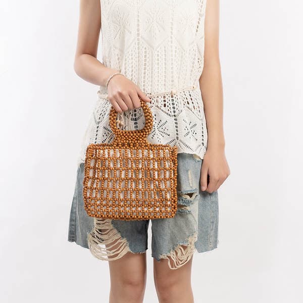 OLEI New Wooden Bead Bag for Women Casual Travel Beaded Bag Solid Color Hollow Out Hand-Woven Vacation Handbag