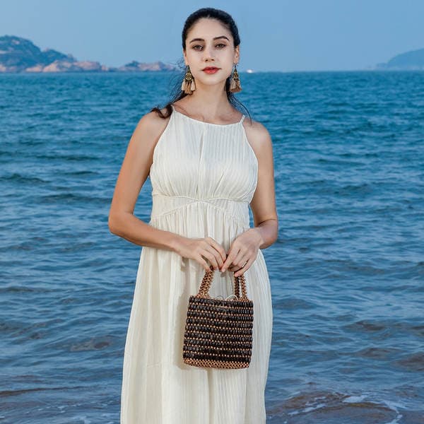 OLEI Contrast Beaded Bag Hand-Woven Women's Beach Vacation Wooden Bead Bag Large Capacity Cross-border Handbag