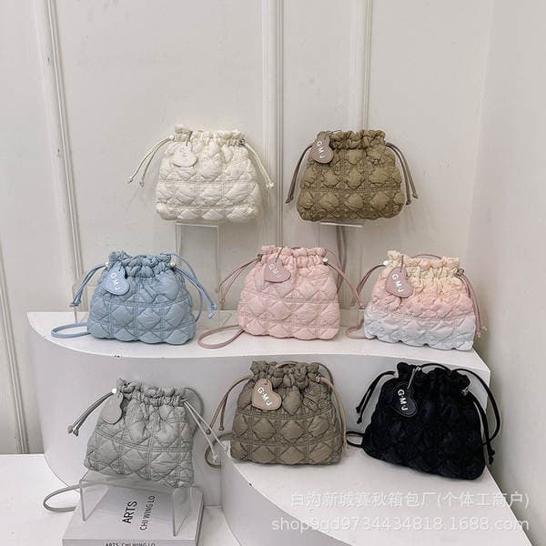 Cross-Border Minimalist Diamond Quilted Drawstring Bucket Bag For Women, Nylon Cloud Shoulder & Crossbody Bag, Lightweight Dumpling Bag