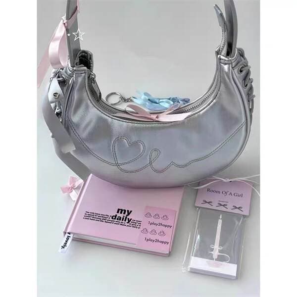 2025 New Sweet Cool Crescent Bag Underarm Bag Heart Embroidery Shoulder Bag Fashion Versatile Handbag