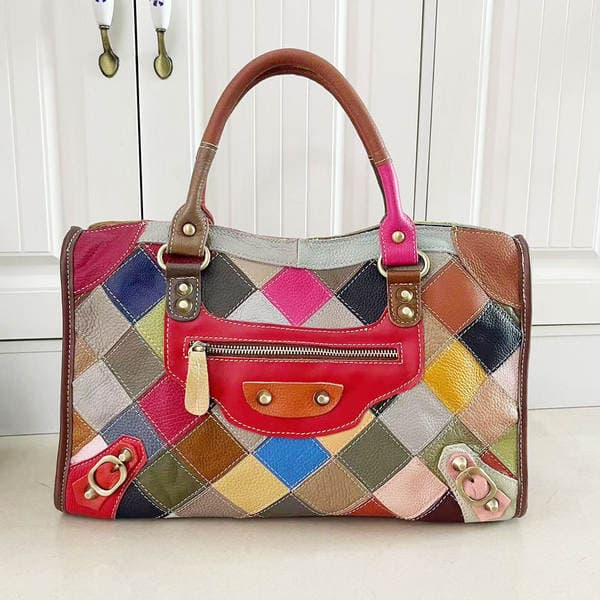 European And American Style Motorcycle Bag For Women, Genuine Leather Handbag, Colorful Cowhide Quilted Patchwork Shoulder And Crossbody Bag