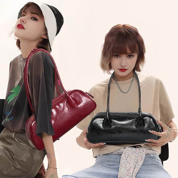 Women's New Niche Design Fashion Baguette Handbag Cowhide Large Capacity Bowling Underarm Shoulder Bag