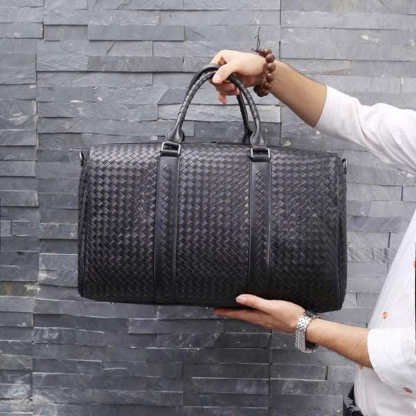 Kesiludi Genuine Leather Woven Men's Handbag, Men's Travel Bag, Women's Shoulder Crossbody Bag, Large Capacity Shopping Bag