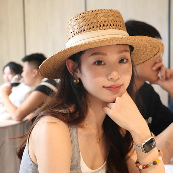French Vintage Old Money Style Hollow Out Flat Top Straw Hat For Women - Summer Beach Vacation Sun Hat