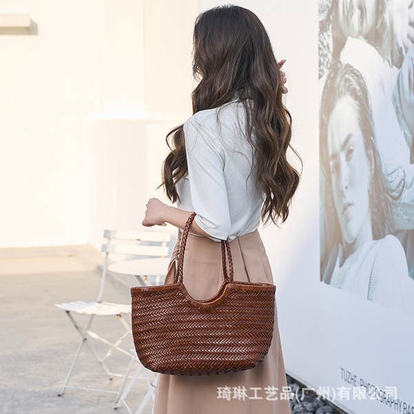 Dragon Style French Woven Market Basket Bag Women's Genuine Leather Shoulder Bag Retro Handmade Ins Style