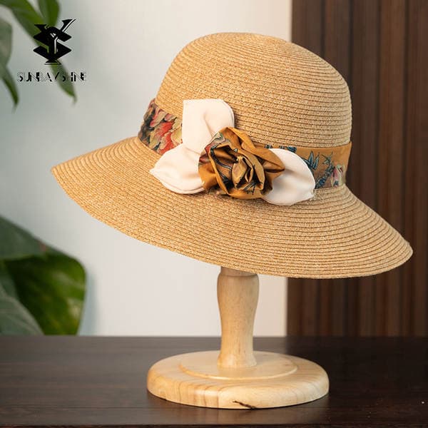 Floral Xiangyunsha Straw Hat For Women - Summer Wide Brim Sun Fisherman Hat, Foldable Beach Outdoor Luxury Style
