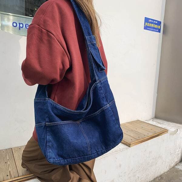 Lazy Style Denim Canvas Tote Bag For Women, Korean Retro Academy Casual Shopping Bag, Large Capacity School Backpack