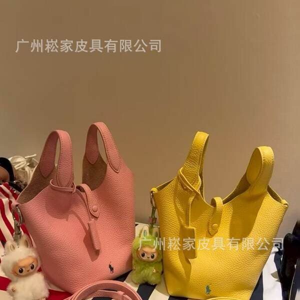 Polo Bucket Bag Lychee Grain Top Layer Cowhide Shoulder Crossbody Tote Bag For Women