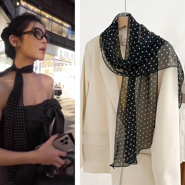 100% Mulberry Silk French Hepburn Style Black Polka Dot Long Skinny Scarf Women's Real Silk Diagonal Ribbon Thin Scarf