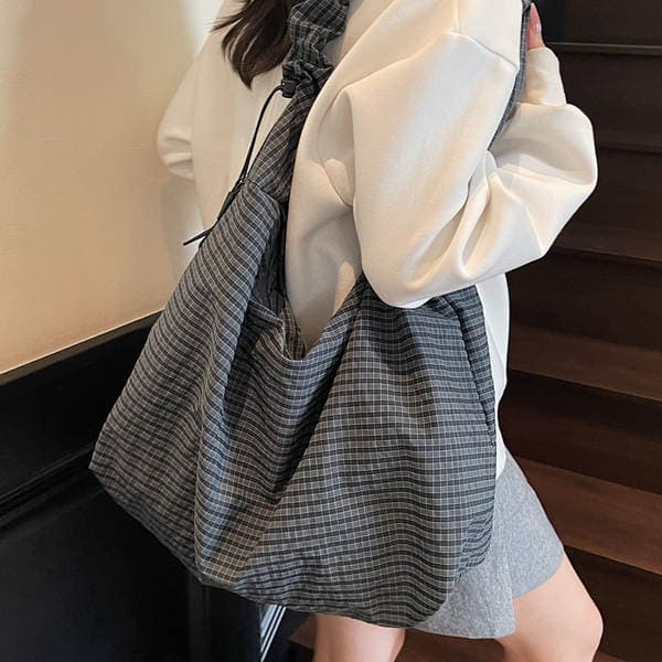 Korean Niche Waffle Texture Single Shoulder Tote Bag For Women, Large Capacity Casual Literary Pleated Shoulder Crossbody Bag For Summer