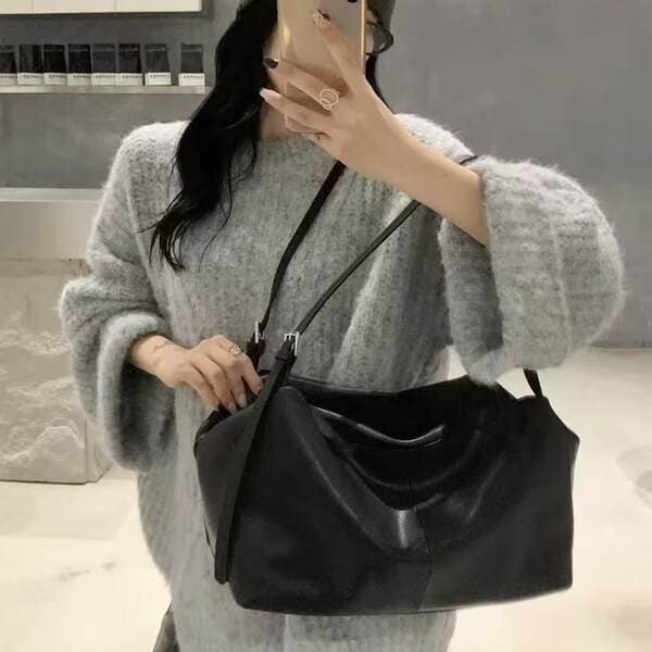 Korean Style New Top Grain Vegetable Tanned Leather Tote Bag For Women, Large Capacity Commuter Underarm Shoulder Bag, Boston Bag